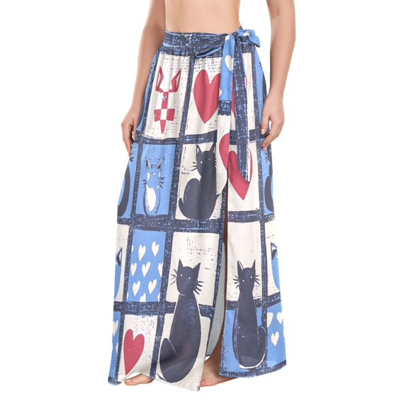 FORMRS Womens Beach Sarong Semi-Sheer Bikini Wrap Skirt Swimsuit Cover-ups, Black Cats and Hearts