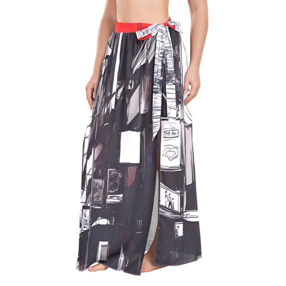 FORMRS Womens Long Sarong Beach Wrap Semi-Sheer Bikini Skirt Bathing Swimsuit Cover Up, Black Streets