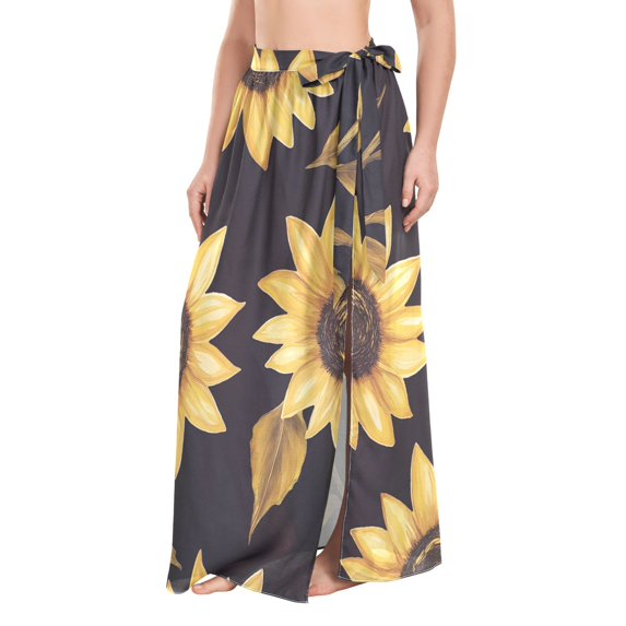 FORMRS Womens Beach Sarong Semi-Sheer Bikini Wrap Skirt Swimsuit Cover-ups, Black Sunflower Pattern
