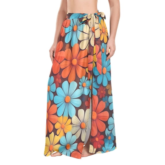 FORMRS Womens Long Sarong Beach Wrap Semi-Sheer Bikini Skirt Bathing Swimsuit Cover Up, Blooming Flowers