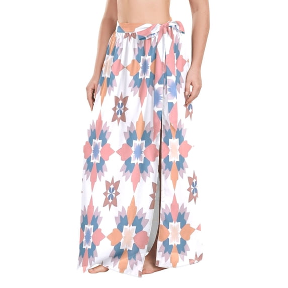 FORMRS Womens Long Sarong Beach Wrap Semi-Sheer Bikini Skirt Bathing Swimsuit Cover Up, Blue Abstract Pattern