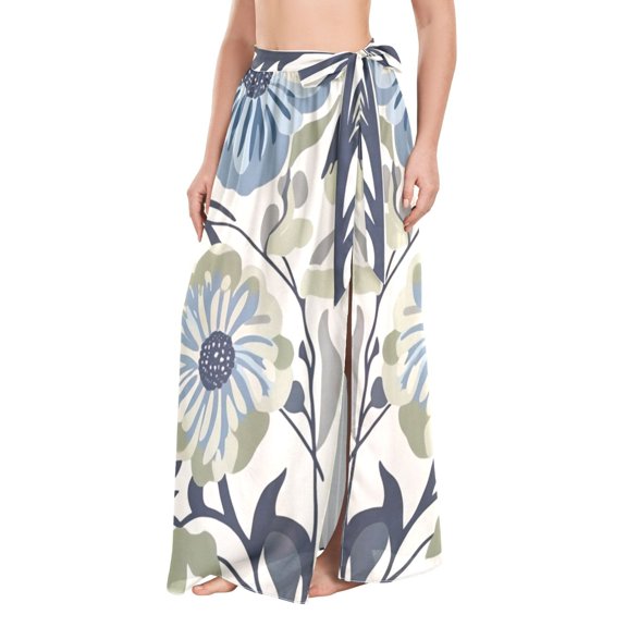 FORMRS Womens Beach Sarong Semi-Sheer Bikini Wrap Skirt Swimsuit Cover-ups, Blue Floral Pattern