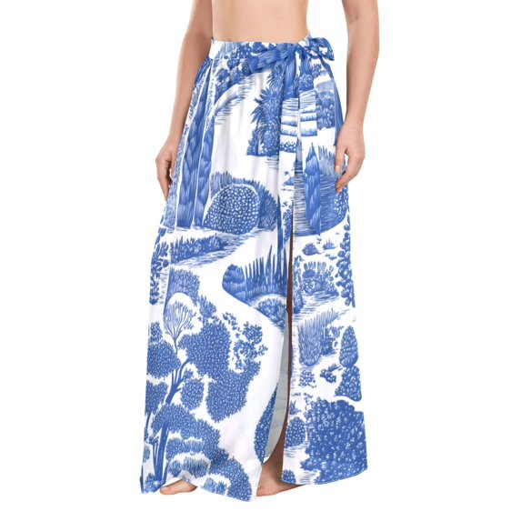 FORMRS Womens Beach Sarong Semi-Sheer Bikini Wrap Skirt Swimsuit Cover-ups, Blue Garden Pattern