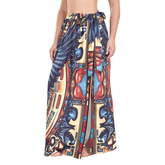 FORMRS Womens Long Sarong Beach Wrap Semi-Sheer Bikini Skirt Bathing Swimsuit Cover Up, Blue Geometric Eagle