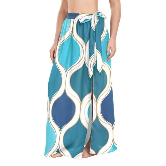 FORMRS Womens Beach Sarong Semi-Sheer Bikini Wrap Skirt Swimsuit Cover-ups, Blue Geometric Pattern