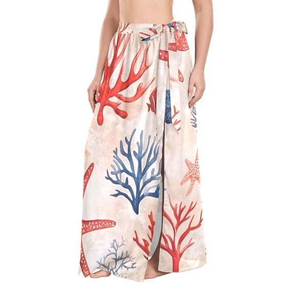 FORMRS Womens Long Sarong Beach Wrap Semi-Sheer Bikini Skirt Bathing Swimsuit Cover Up, Blue Starfish
