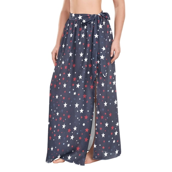FORMRS Womens Long Sarong Beach Wrap Semi-Sheer Bikini Skirt Bathing Swimsuit Cover Up, Blue Stars Pattern