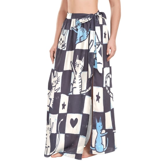 FORMRS Womens Beach Sarong Semi-Sheer Bikini Wrap Skirt Swimsuit Cover-ups, Blue and White Cat