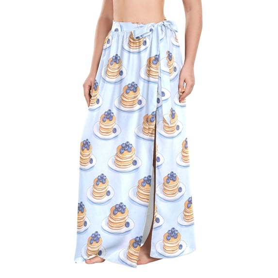 FORMRS Womens Long Sarong Beach Wrap Semi-Sheer Bikini Skirt Bathing Swimsuit Cover Up, Blueberry Pancake Pattern