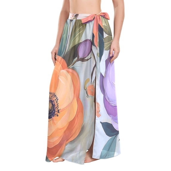 FORMRS Womens Long Sarong Beach Wrap Semi-Sheer Bikini Skirt Bathing Swimsuit Cover Up, Bright Flowers