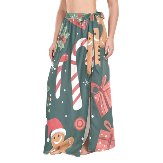 FORMRS Womens Long Sarong Beach Wrap Semi-Sheer Bikini Skirt Bathing Swimsuit Cover Up, Brown Christmas Gingerbread