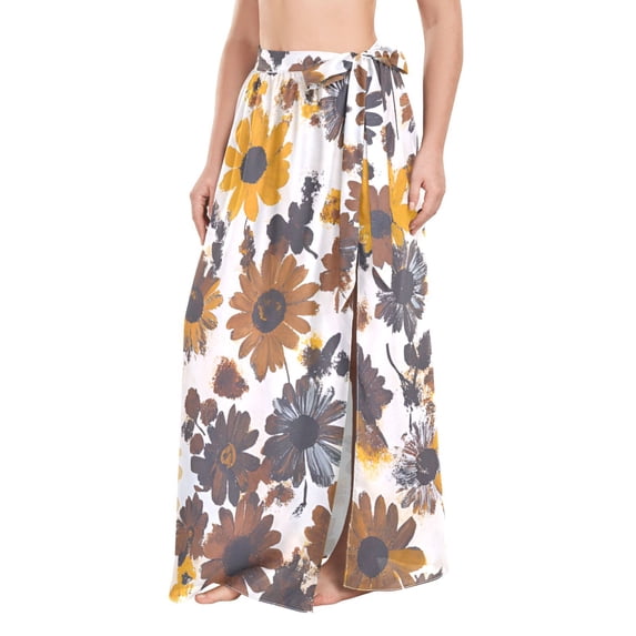 FORMRS Womens Long Sarong Beach Wrap Semi-Sheer Bikini Skirt Bathing Swimsuit Cover Up, Brown Flowers