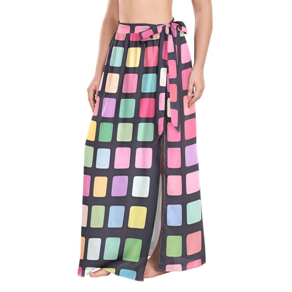 FORMRS Womens Long Sarong Beach Wrap Semi-Sheer Bikini Skirt Bathing Swimsuit Cover Up, Colorful Block Pattern