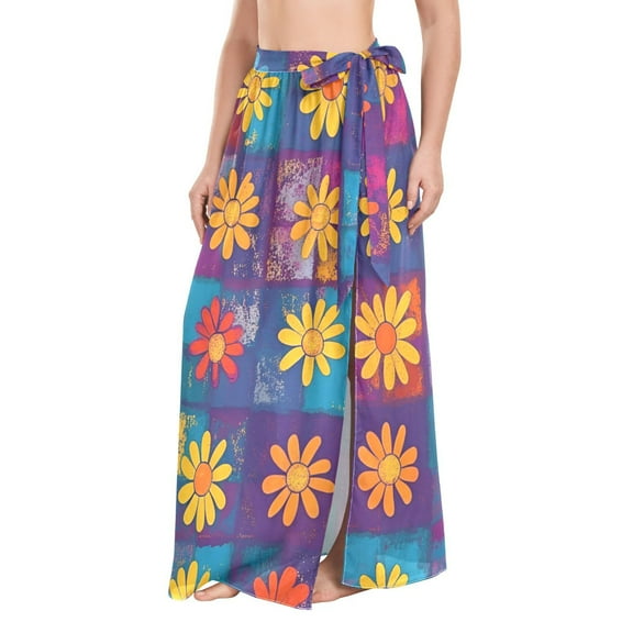 FORMRS Womens Beach Sarong Semi-Sheer Bikini Wrap Skirt Swimsuit Cover-ups, Colorful Checkered Daisy