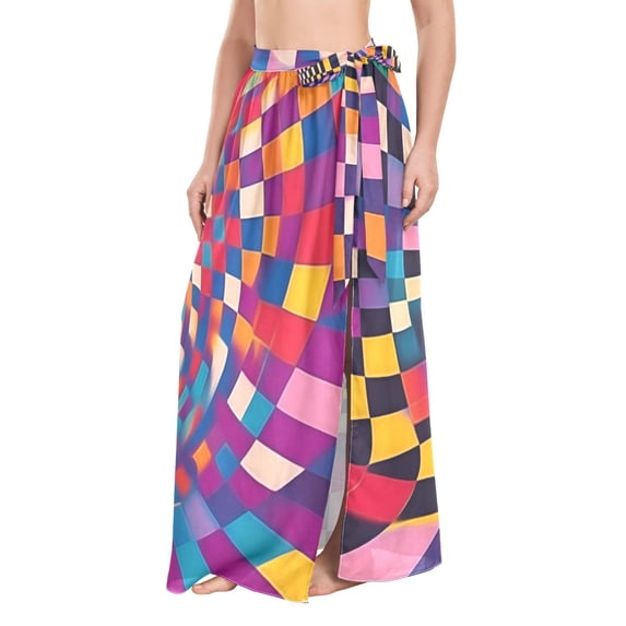 FORMRS Womens Long Sarong Beach Wrap Semi-Sheer Bikini Skirt Bathing Swimsuit Cover Up, Colorful Wavy Plaid