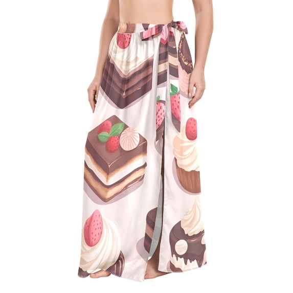 FORMRS Womens Long Sarong Beach Wrap Semi-Sheer Bikini Skirt Bathing Swimsuit Cover Up, Cute Chocolate Cakes