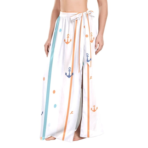 FORMRS Womens Long Sarong Beach Wrap Semi-Sheer Bikini Skirt Bathing Swimsuit Cover Up, Cute Nautical Pattern