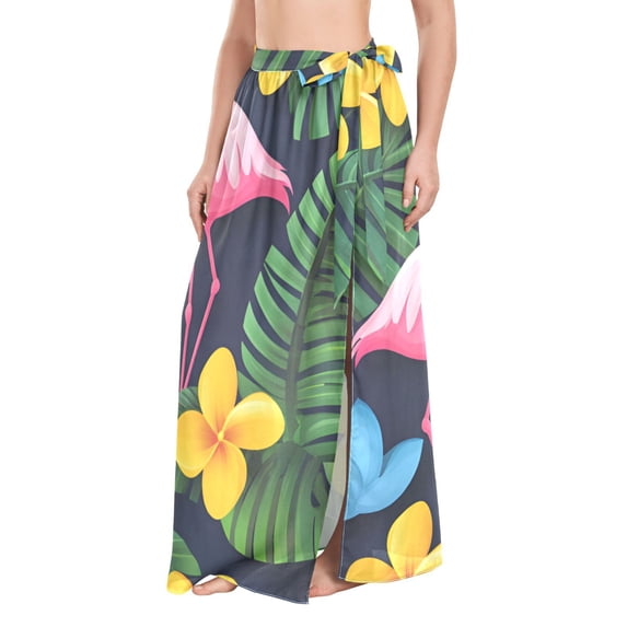FORMRS Womens Long Sarong Beach Wrap Semi-Sheer Bikini Skirt Bathing Swimsuit Cover Up, Flamingo Floral Pattern