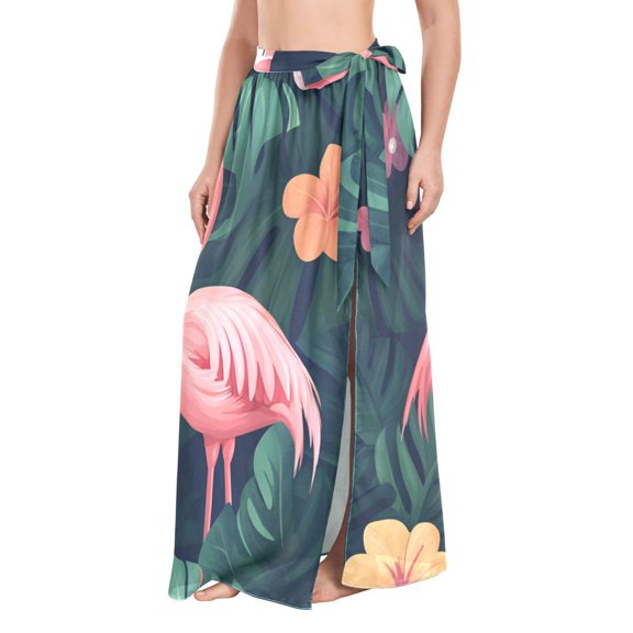 FORMRS Womens Beach Sarong Semi-Sheer Bikini Wrap Skirt Swimsuit Cover-ups, Flamingo Leaves Pattern