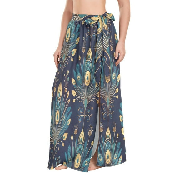 FORMRS Womens Beach Sarong Semi-Sheer Bikini Wrap Skirt Swimsuit Cover-ups, Gold Peacock Pattern
