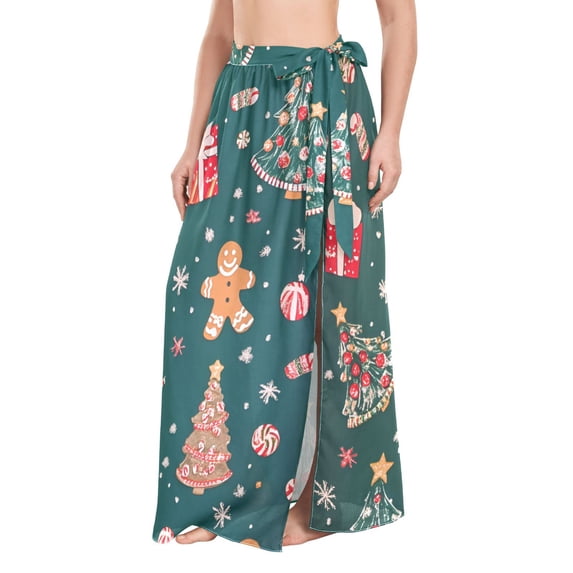 FORMRS Womens Beach Sarong Semi-Sheer Bikini Wrap Skirt Swimsuit Cover-ups, Green Christmas Gingerbread