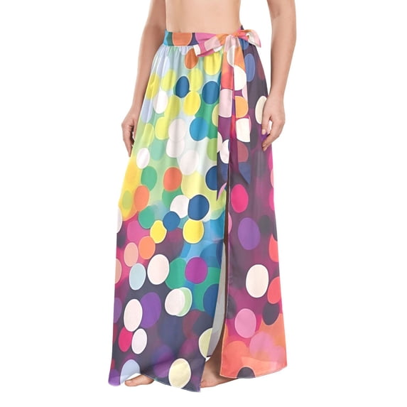 FORMRS Womens Long Sarong Beach Wrap Semi-Sheer Bikini Skirt Bathing Swimsuit Cover Up, Green Colorful Circles