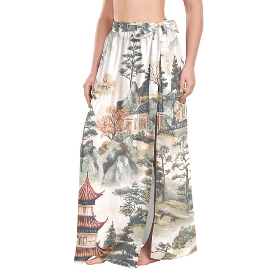 FORMRS Womens Long Sarong Beach Wrap Semi-Sheer Bikini Skirt Bathing Swimsuit Cover Up, Green Mountain Pattern