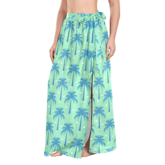 FORMRS Womens Long Sarong Beach Wrap Semi-Sheer Bikini Skirt Bathing Swimsuit Cover Up, Green Palm Tree Pattern