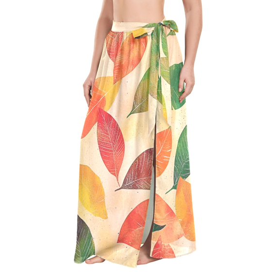 FORMRS Womens Long Sarong Beach Wrap Semi-Sheer Bikini Skirt Bathing Swimsuit Cover Up, Green Retro Autumn Leaves