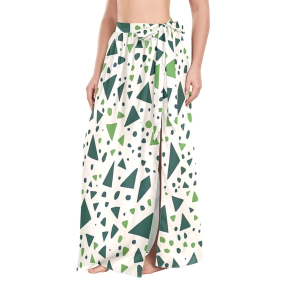 FORMRS Womens Long Sarong Beach Wrap Semi-Sheer Bikini Skirt Bathing Swimsuit Cover Up, Green Triangles Pattern