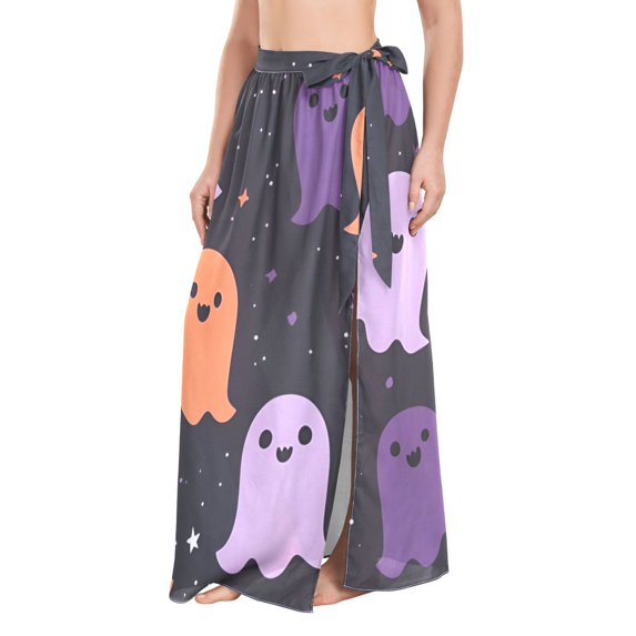 FORMRS Womens Long Sarong Beach Wrap Semi-Sheer Bikini Skirt Bathing Swimsuit Cover Up, Halloween Orange Ghosts