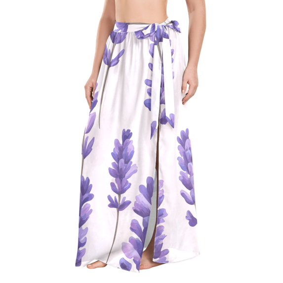 FORMRS Womens Long Sarong Beach Wrap Semi-Sheer Bikini Skirt Bathing Swimsuit Cover Up, Lavender Pattern