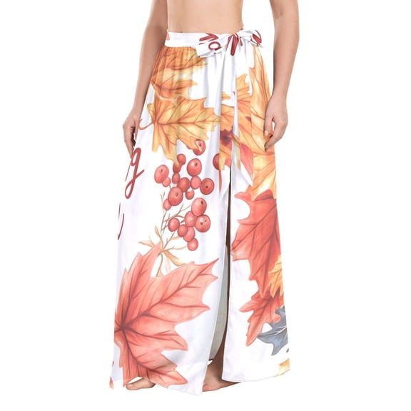 FORMRS Womens Long Sarong Beach Wrap Semi-Sheer Bikini Skirt Bathing Swimsuit Cover Up, Leaves Pattern