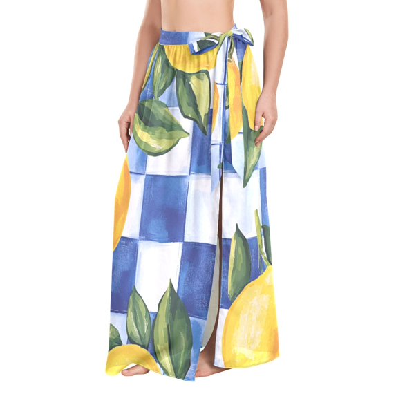 FORMRS Womens Beach Sarong Semi-Sheer Bikini Wrap Skirt Swimsuit Cover-ups, Lemon Checkered