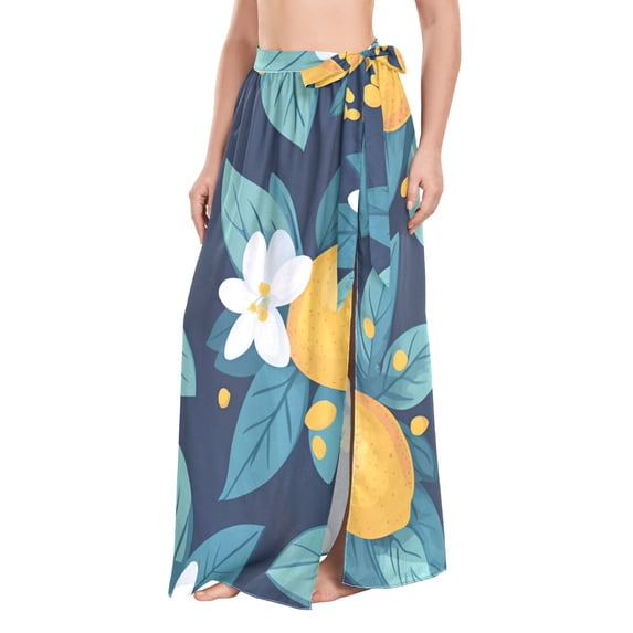 FORMRS Womens Long Sarong Beach Wrap Semi-Sheer Bikini Skirt Bathing Swimsuit Cover Up, Lemon Leaves