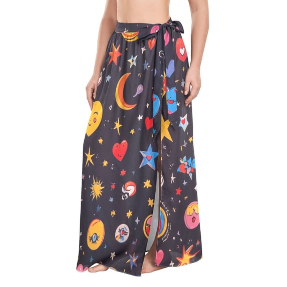 FORMRS Womens Long Sarong Beach Wrap Semi-Sheer Bikini Skirt Bathing Swimsuit Cover Up, Moon Pattern
