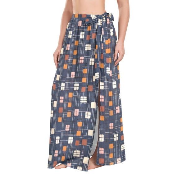 FORMRS Womens Long Sarong Beach Wrap Semi-Sheer Bikini Skirt Bathing Swimsuit Cover Up, Orange Checkered Pattern