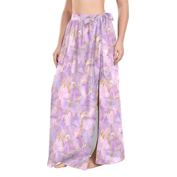 FORMRS Womens Long Sarong Beach Wrap Semi-Sheer Bikini Skirt Bathing Swimsuit Cover Up, Pastel Pink Marble Pattern