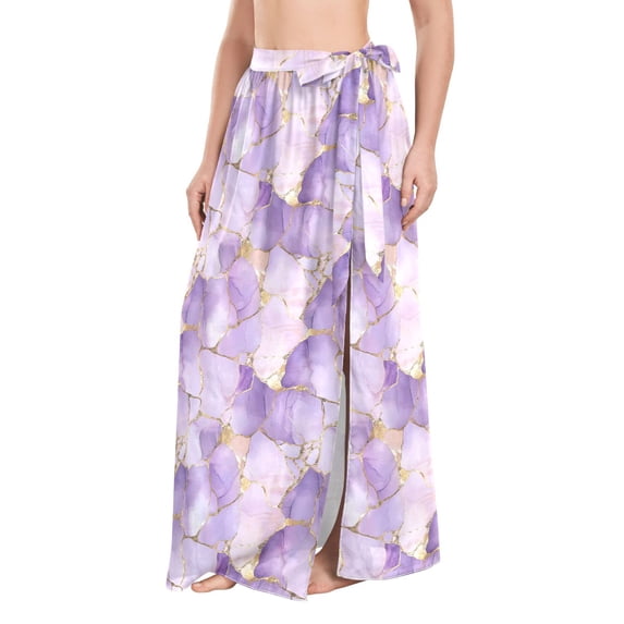 FORMRS Womens Long Sarong Beach Wrap Semi-Sheer Bikini Skirt Bathing Swimsuit Cover Up, Pastel Purple Marble Pattern