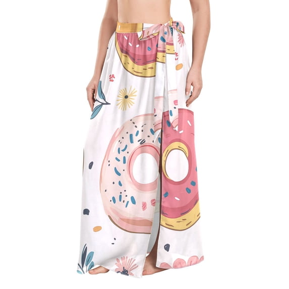 FORMRS Womens Long Sarong Beach Wrap Semi-Sheer Bikini Skirt Bathing Swimsuit Cover Up, Pink Donut