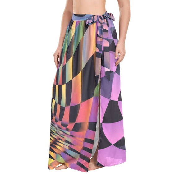 FORMRS Womens Beach Sarong Semi-Sheer Bikini Wrap Skirt Swimsuit Cover-ups, Pink Wavy Plaid