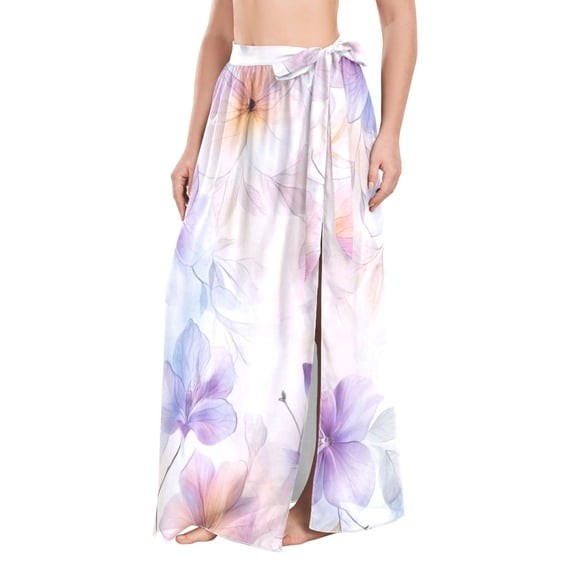 FORMRS Womens Long Sarong Beach Wrap Semi-Sheer Bikini Skirt Bathing Swimsuit Cover Up, Purple Flower Pattern