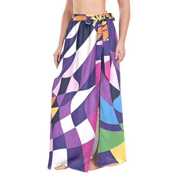 FORMRS Womens Long Sarong Beach Wrap Semi-Sheer Bikini Skirt Bathing Swimsuit Cover Up, Purple Wavy Plaid
