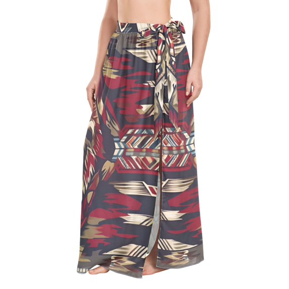 FORMRS Womens Long Sarong Beach Wrap Semi-Sheer Bikini Skirt Bathing Swimsuit Cover Up, Red Abstract Eagle
