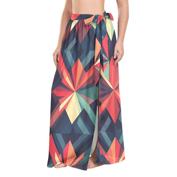 FORMRS Womens Long Sarong Beach Wrap Semi-Sheer Bikini Skirt Bathing Swimsuit Cover Up, Red Abstract