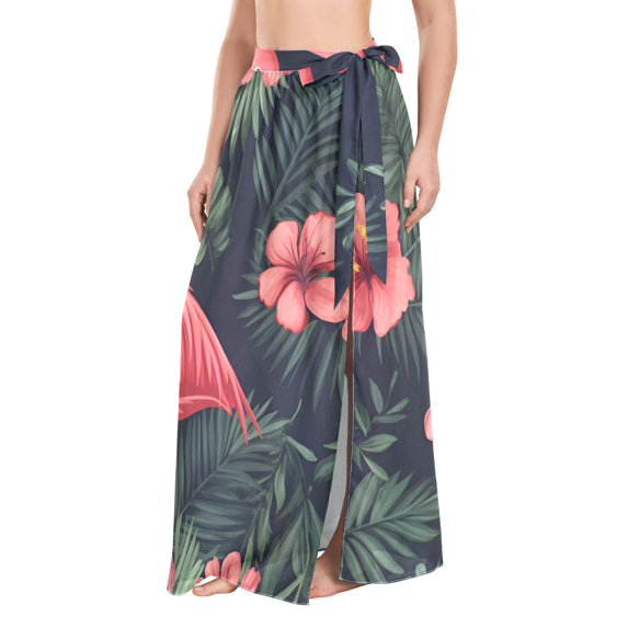 FORMRS Womens Long Sarong Beach Wrap Semi-Sheer Bikini Skirt Bathing Swimsuit Cover Up, Red Flamingo Pattern