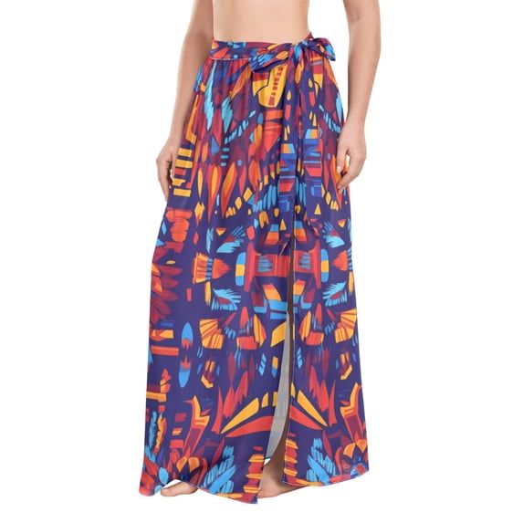 FORMRS Womens Long Sarong Beach Wrap Semi-Sheer Bikini Skirt Bathing Swimsuit Cover Up, Red Geometric Eagle