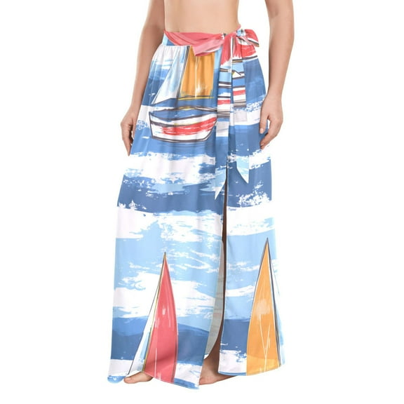 FORMRS Womens Beach Sarong Semi-Sheer Bikini Wrap Skirt Swimsuit Cover-ups, Red Sailboats