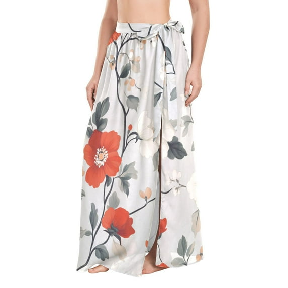 FORMRS Womens Beach Sarong Semi-Sheer Bikini Wrap Skirt Swimsuit Cover-ups, Red and White Floral Pattern