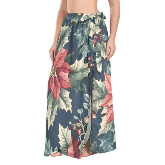 FORMRS Womens Beach Sarong Semi-Sheer Bikini Wrap Skirt Swimsuit Cover-ups, Retro Christmas Poinsettia